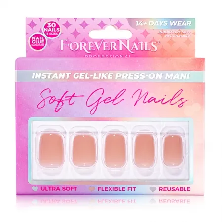 Unghii Press On Soft Gel ForeverNails Be Natural, forma patrat, 1,8cm, reutilizabile