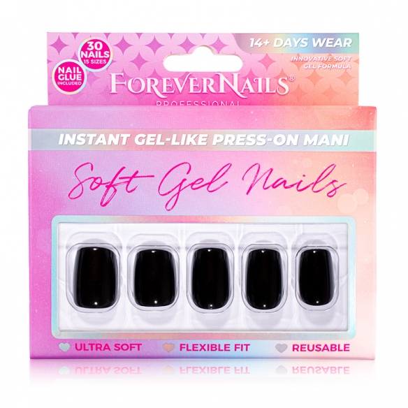 Unghii Press On Soft Gel ForeverNails All Black, forma patrat, 1,8cm, reutilizabile