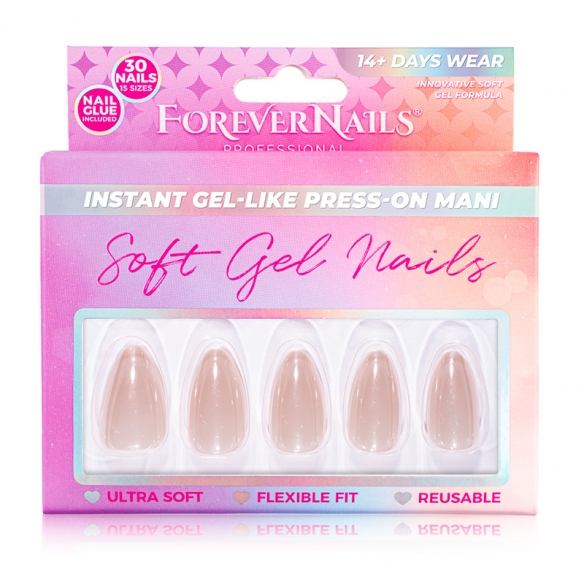 Unghii Press On Soft Gel ForeverNails Nude Glow, forma midgdala, 2cm, reutilizabile